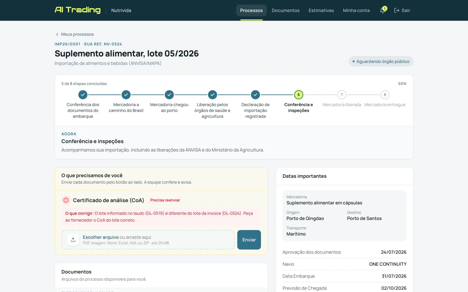 Tela do portal com a linha do tempo de um processo de importação de suplemento alimentar, com 5 de 8 etapas concluídas