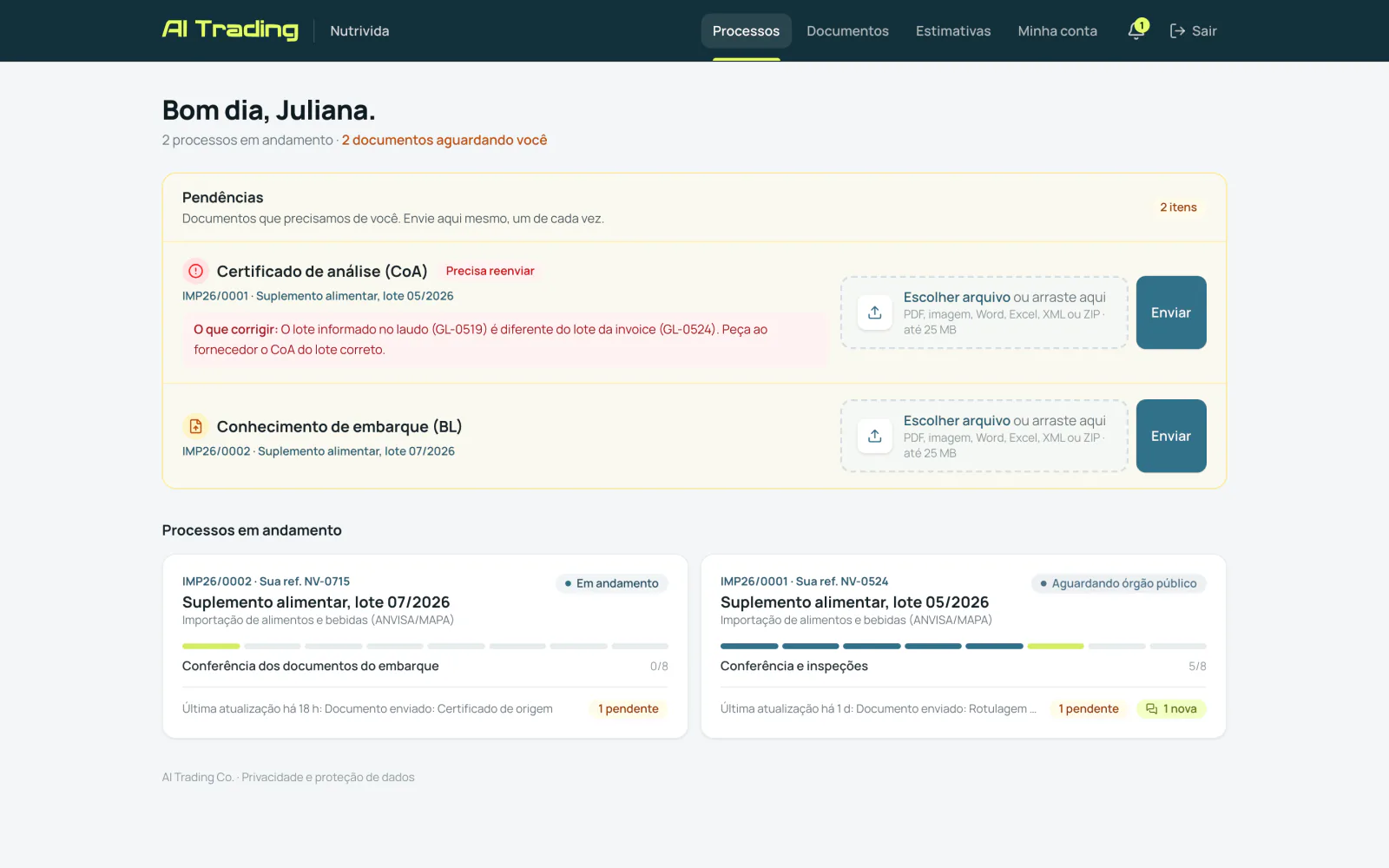 Painel do portal do cliente com pendências de documentos e dois processos em andamento